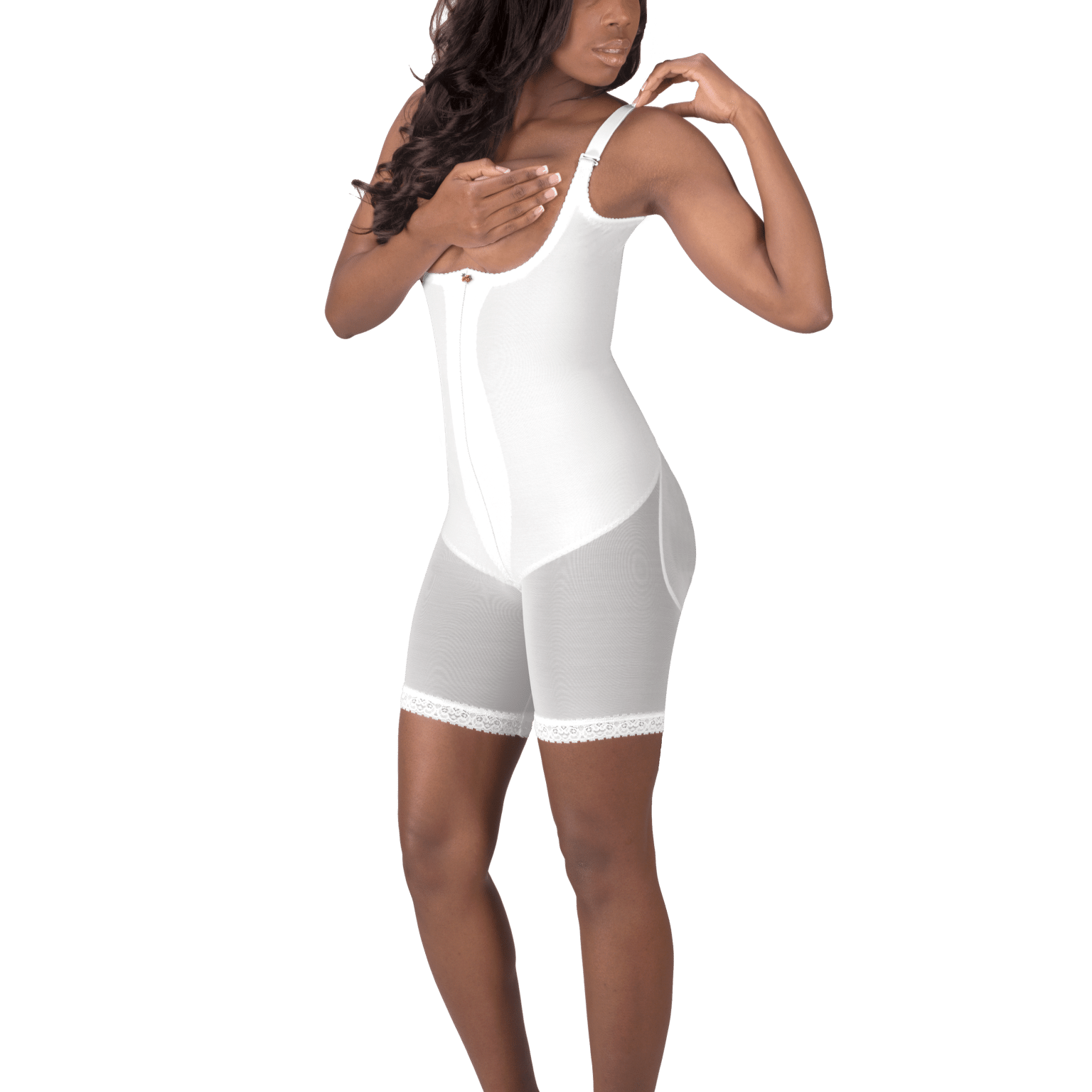 A woman poses in a white bodysuit, highlighting the non-zippered molded buttocks high-back girdle from Design Veronique.