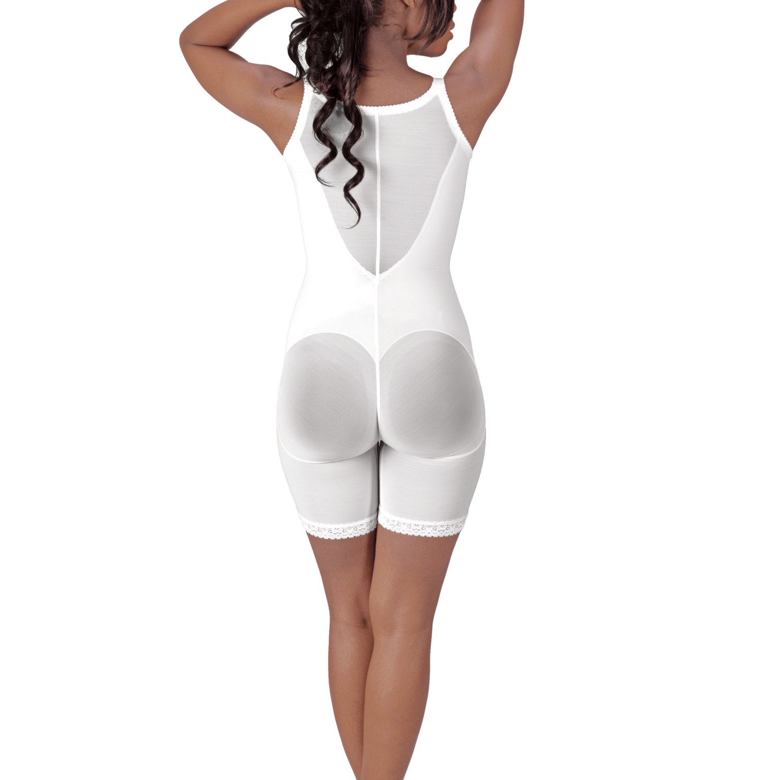Back view of a woman in a white bodysuit, showcasing the Front Zippered Molded Buttocks High-Back Girdle by Design Veronique.