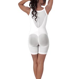 Back view of a woman in a white bodysuit, showcasing the Front Zippered Molded Buttocks High-Back Girdle by Design Veronique.