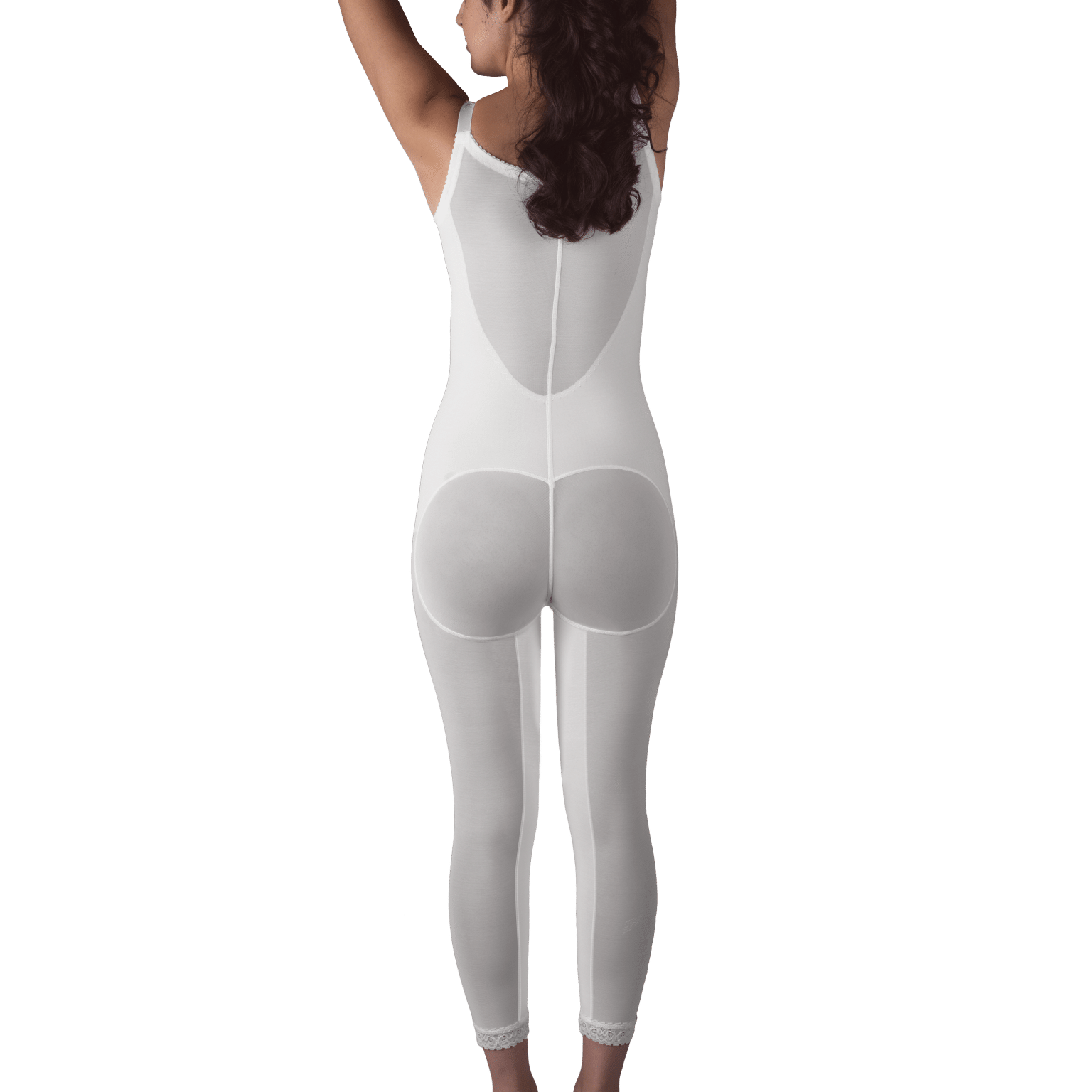 Back view of a woman in a white bodysuit featuring the below-knee molded buttocks high-back girdle with bra by Design Veronique.