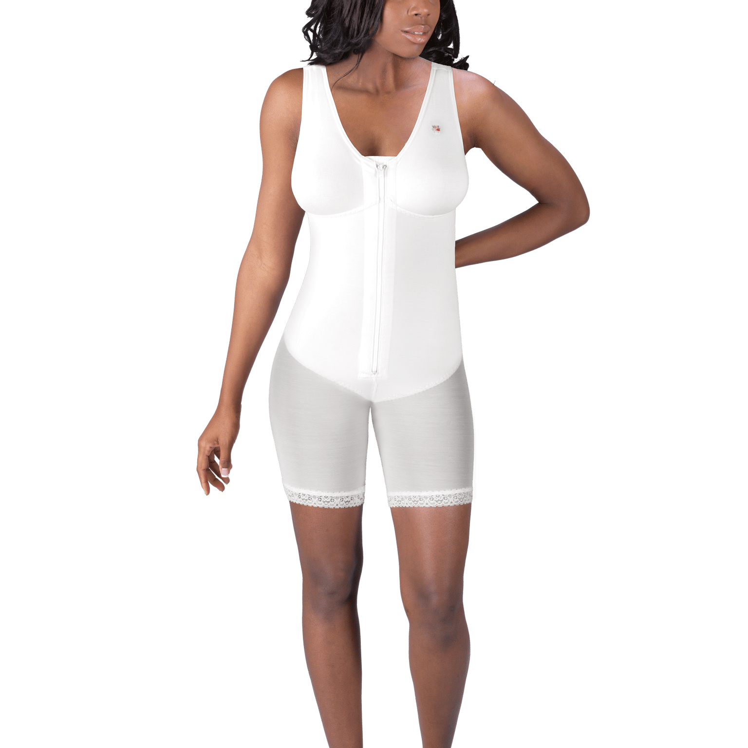 A woman models a white zippered bodysuit, featuring the zippered mid-thigh molded buttocks high-back girdle with bra by Design Veronique.