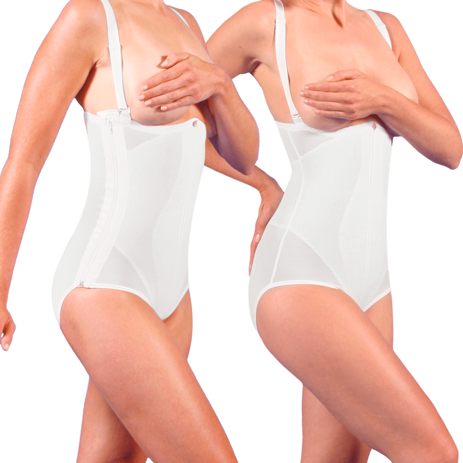 Two women in white postsurgical compression garments, one in front of the other, showcasing the torso brief recovery kit by Design Veronique.