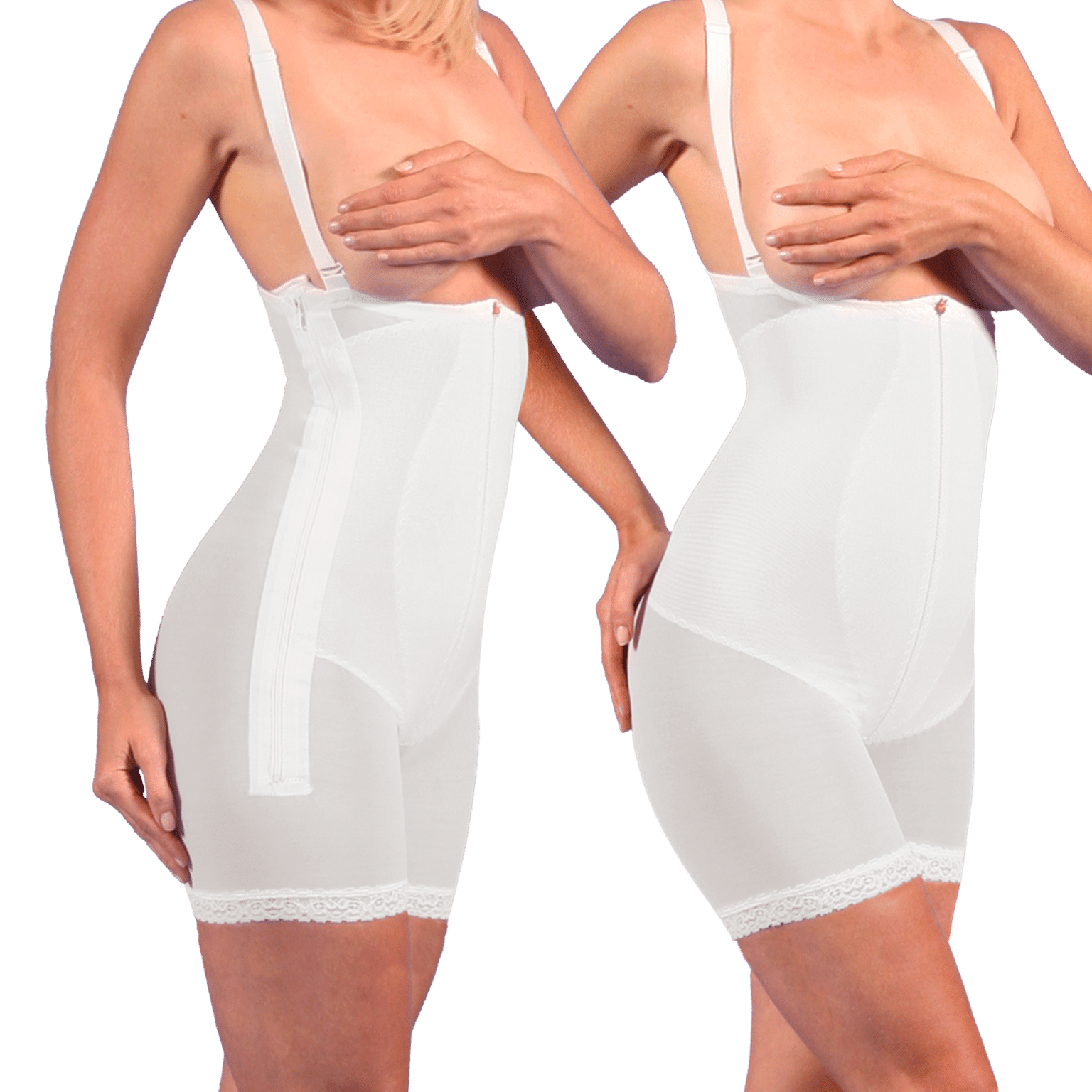 Two women in white postsurgical compression garments, one in front of the other, showcasing the abdominal recovery kit by Design Veronique.