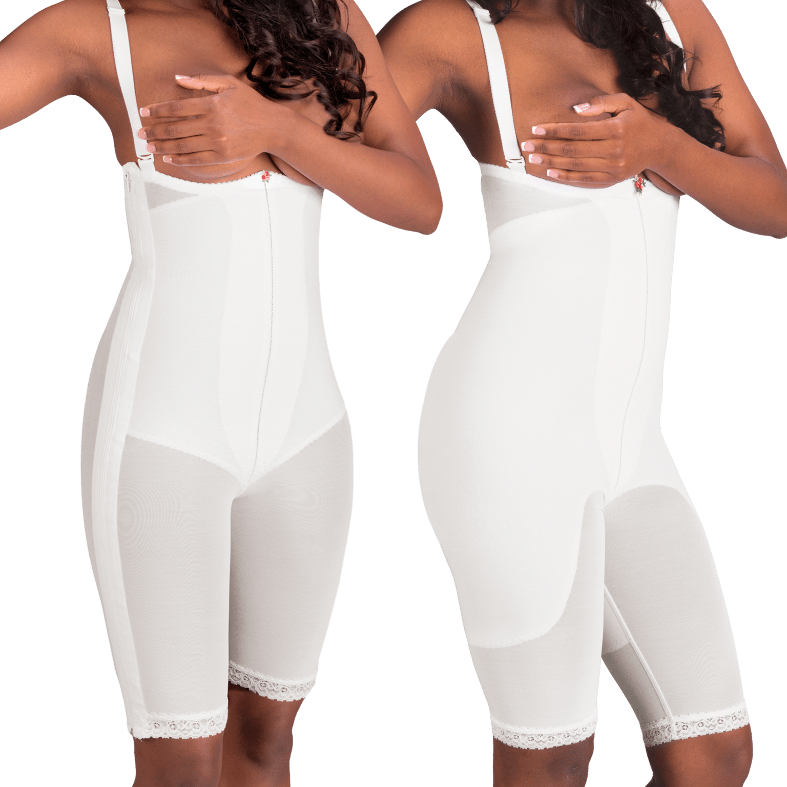 Two women wearing white post-surgical recovery kit, featuring Design Veronique's zippered body girdle