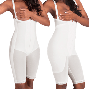 Two women wearing white post-surgical recovery kit, featuring Design Veronique's zippered body girdle