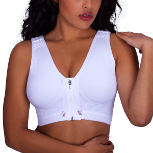 Zippered post surgical bra with side pockets (Patent Pending)